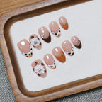 Floral Almond Handmade 10pcs Press on Nails, Lepord French Tip, Embossed Flower