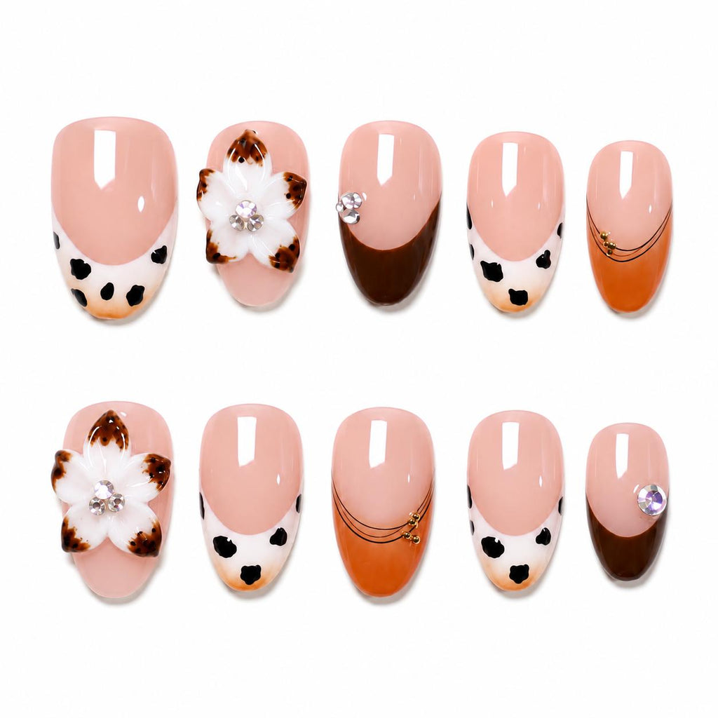 Floral Almond Handmade 10pcs Press on Nails, Lepord French Tip, Embossed Flower
