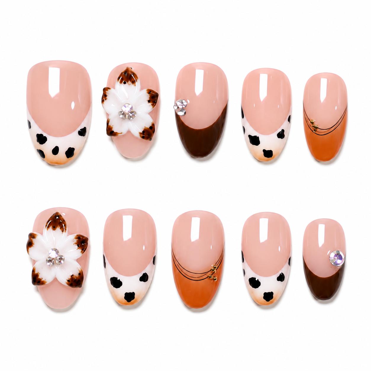 Floral Almond Handmade 10pcs Press on Nails, Lepord French Tip, Embossed Flower
