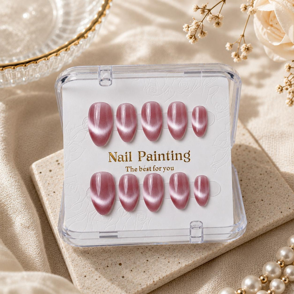 Almond Handmade 10pcs Press on Nails with Cat Eye Effect Solid Color