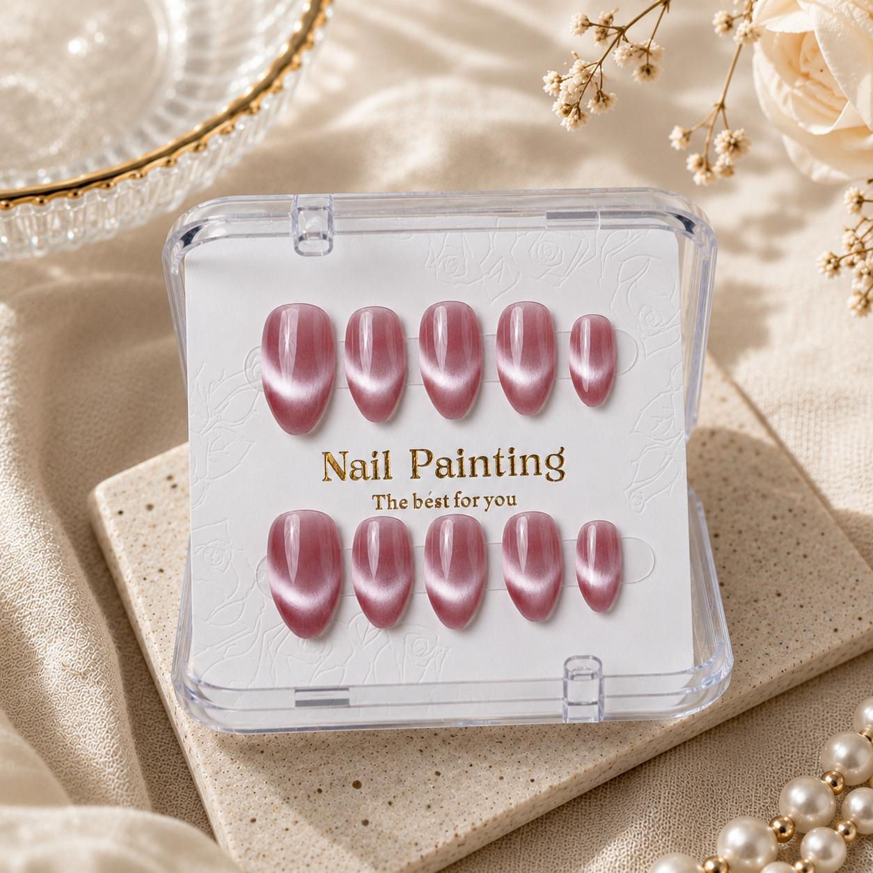 Almond Handmade 10pcs Press on Nails with Cat Eye Effect Solid Color