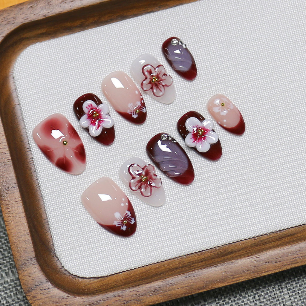 Floral Almond Handmade 10pcs Press on Nails, Lepord French Tip, Embossed Flower