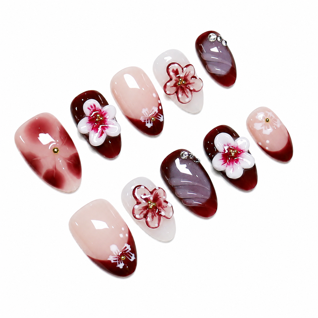 Floral Almond Handmade 10pcs Press on Nails, Lepord French Tip, Embossed Flower