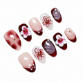 Floral Almond Handmade 10pcs Press on Nails, Lepord French Tip, Embossed Flower