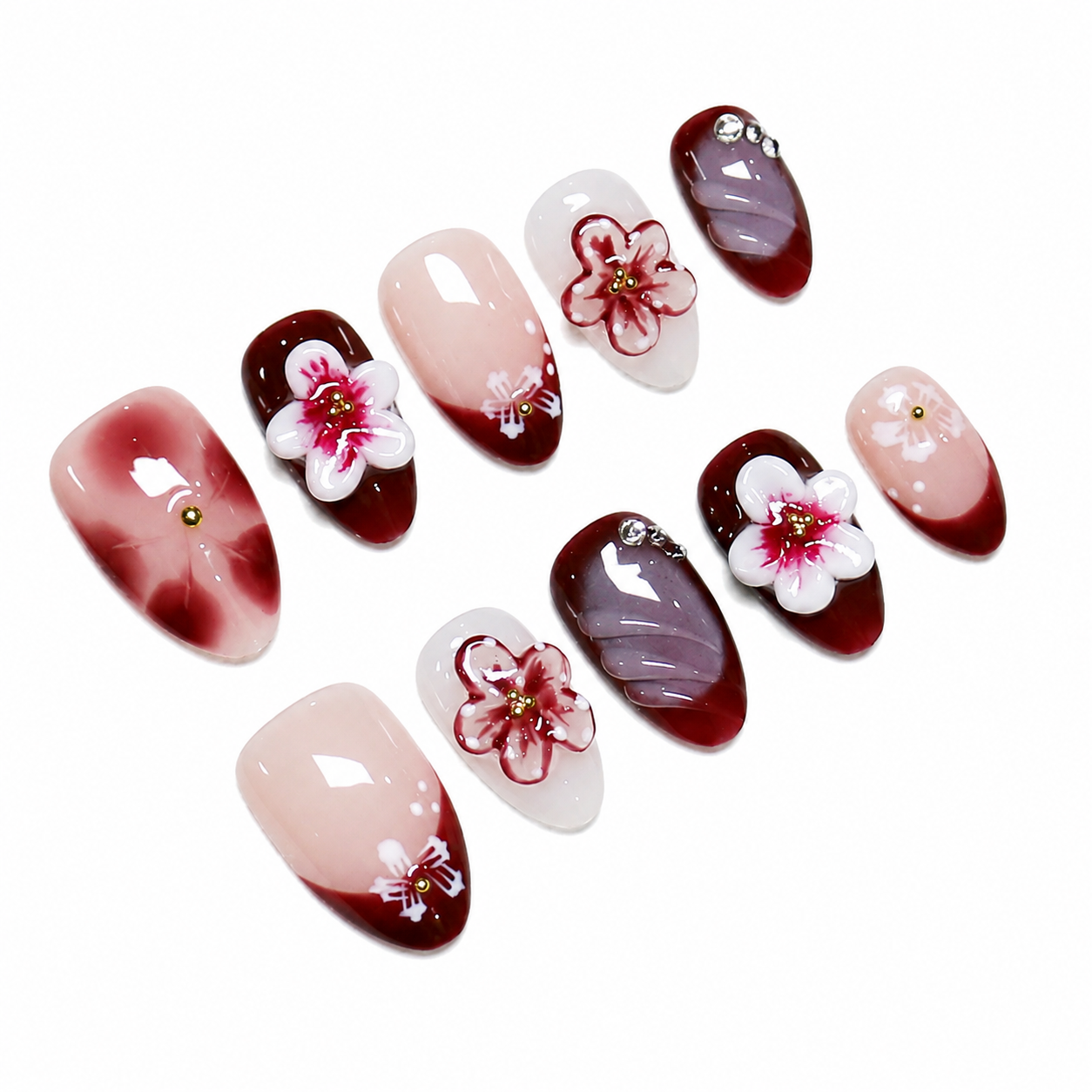 Floral Almond Handmade 10pcs Press on Nails, Lepord French Tip, Embossed Flower