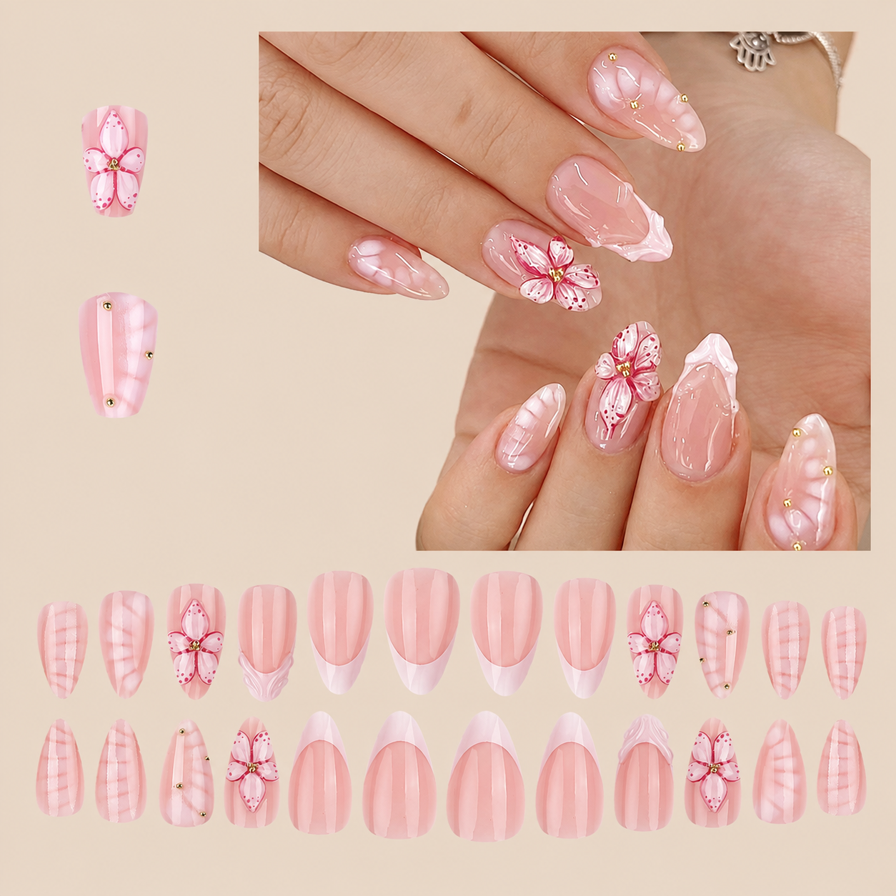 Floral French Tip Press-on Nails , 24pcs full size