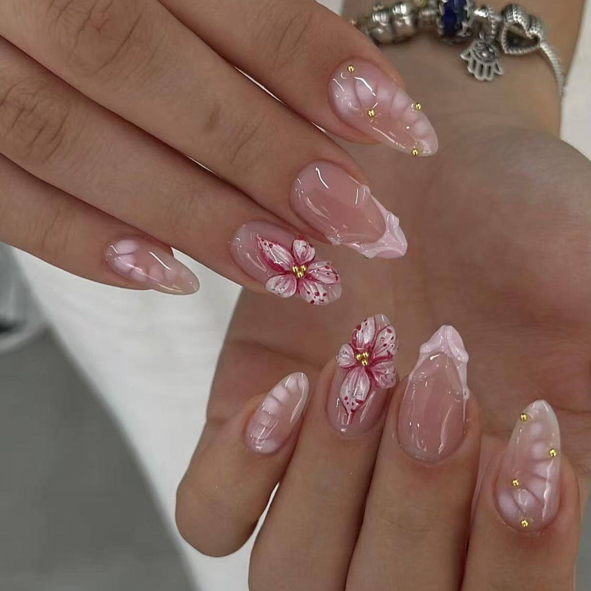 Floral French Tip Press-on Nails , 24pcs full size