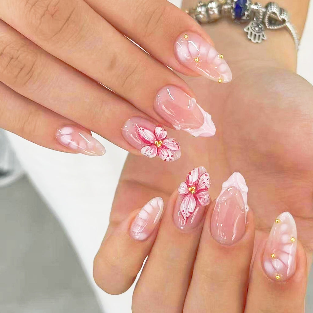 Floral French Tip Press-on Nails , 24pcs Full Size 464