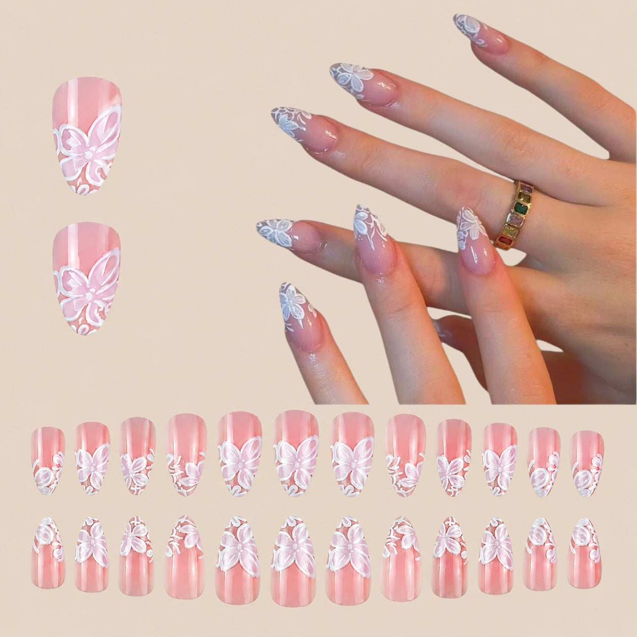 Floral French Tip Press-on Nails , 24pcs Full Size 419