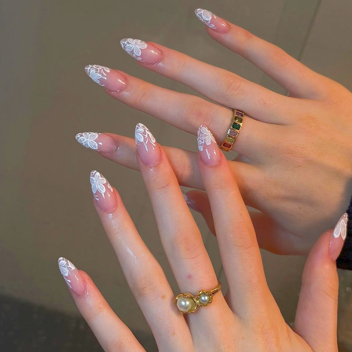 Floral French Tip Press-on Nails , 24pcs Full Size 419