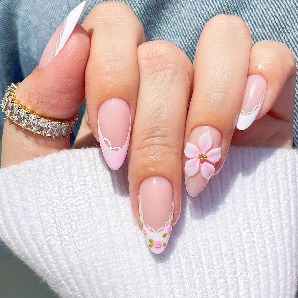 Floral French Tip Press-on Nails , 24pcs Full Size 433