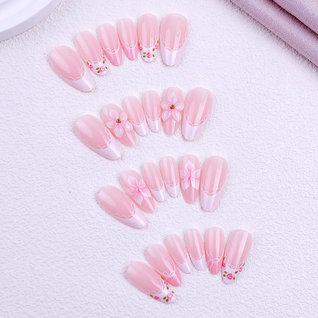 Floral French Tip Press-on Nails , 24pcs Full Size 433
