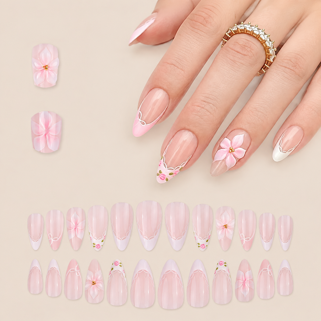 Floral French Tip Press-on Nails , 24pcs Full Size 433