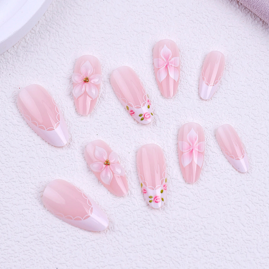 Floral French Tip Press-on Nails , 24pcs Full Size 433