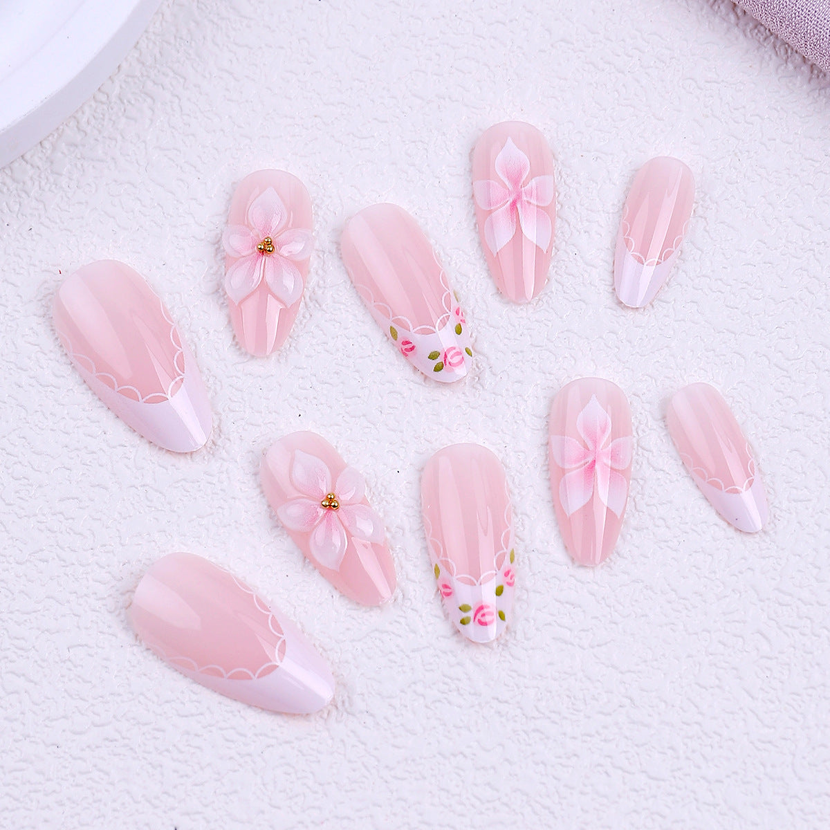Floral French Tip Press-on Nails , 24pcs Full Size 433