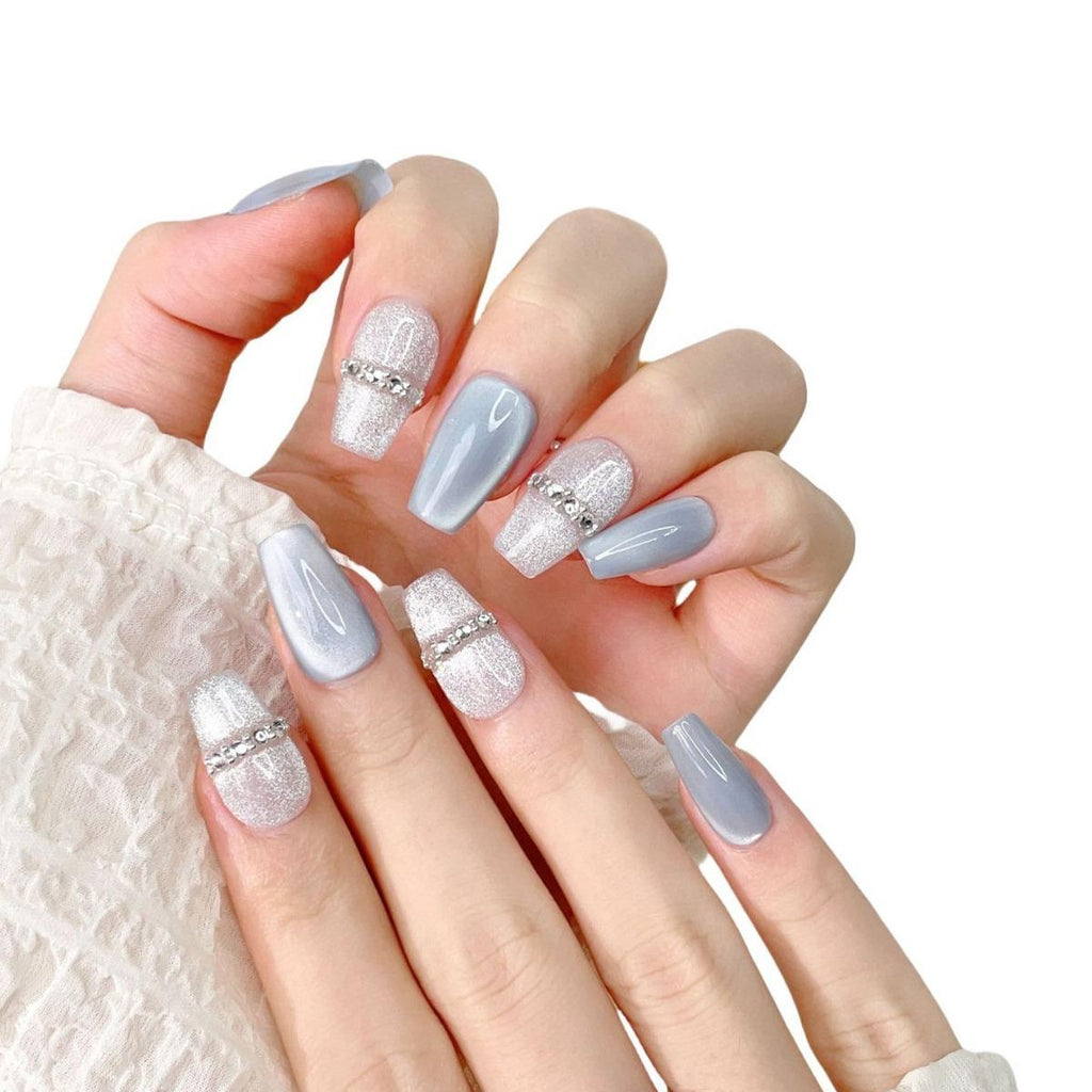 Handmade 10pcs Press on Nails，Cat-eye Translucent Blue Ice-clear Crystal Design