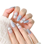 Handmade 10pcs Press on Nails，Cat-eye Translucent Blue Ice-clear Crystal Design