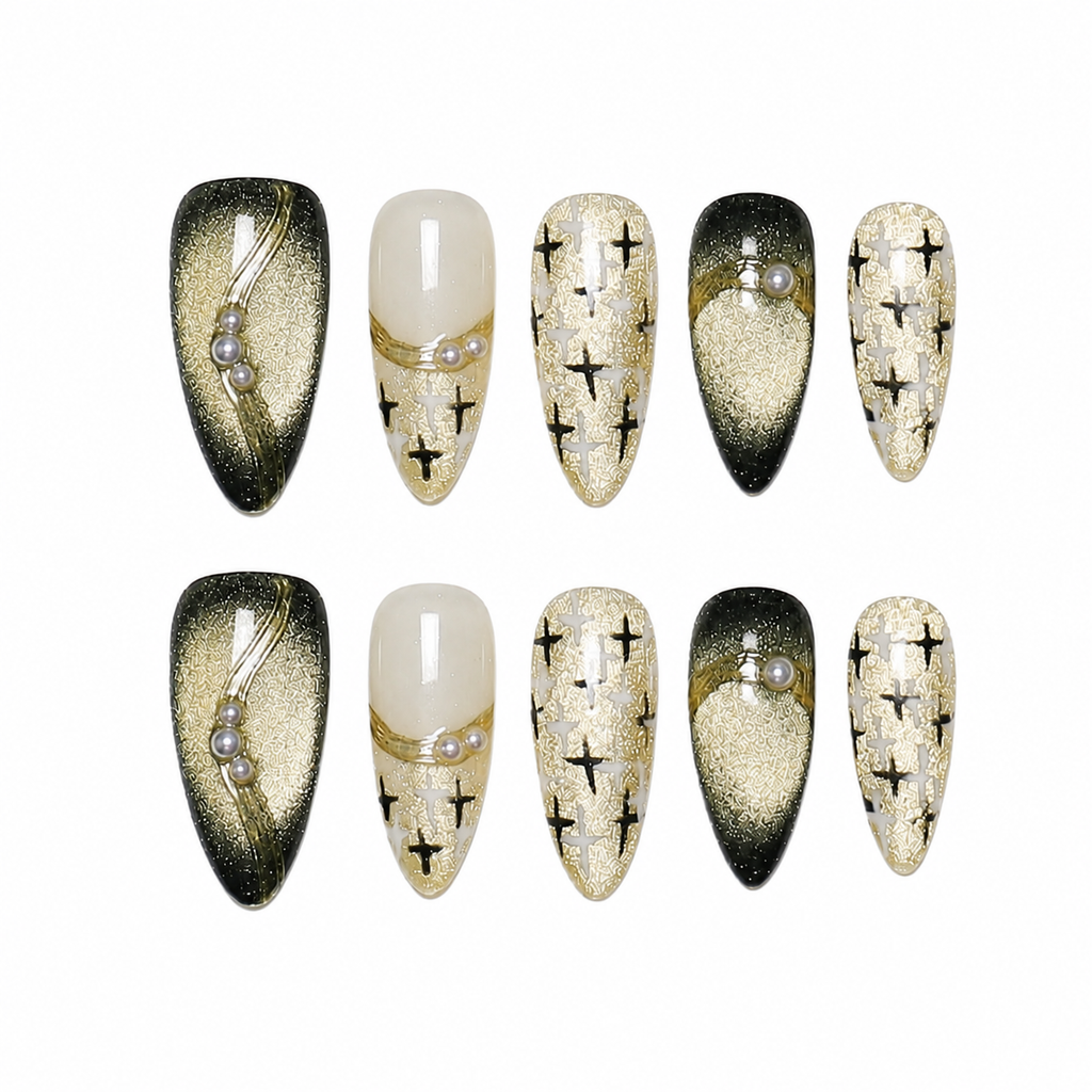 Cat Eye Almond Handmade 10pcs Press on Nails, Golden Gradient French Tip