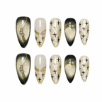 Cat Eye Almond Handmade 10pcs Press on Nails, Golden Gradient French Tip