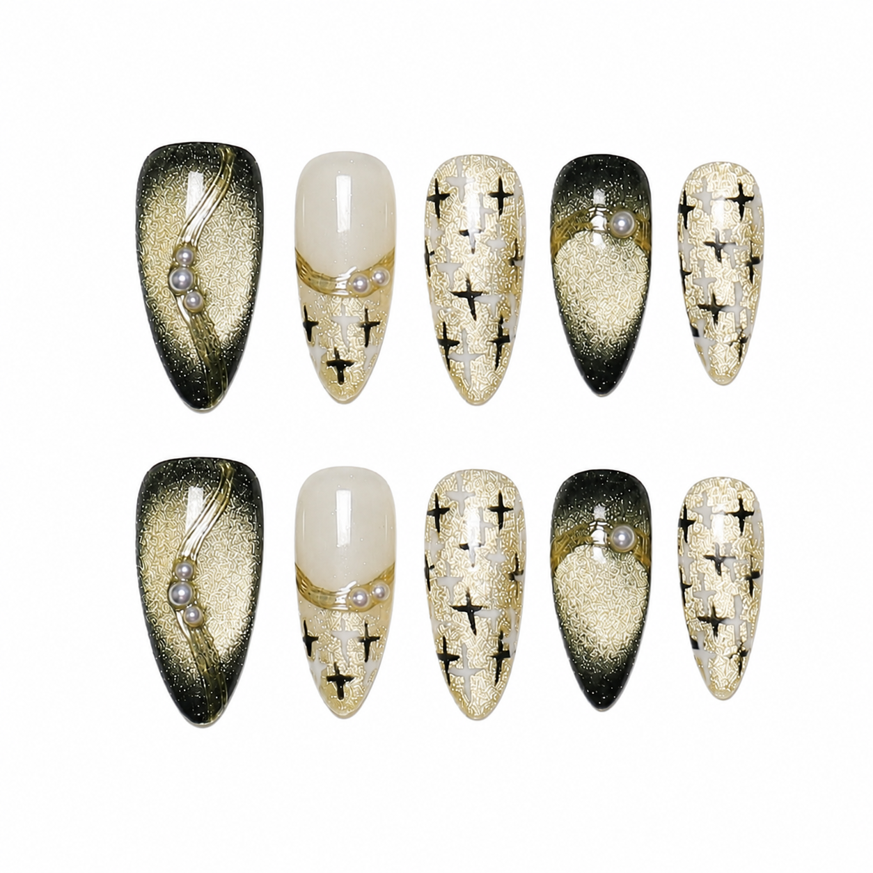 Cat Eye Almond Handmade 10pcs Press on Nails, Golden Gradient French Tip