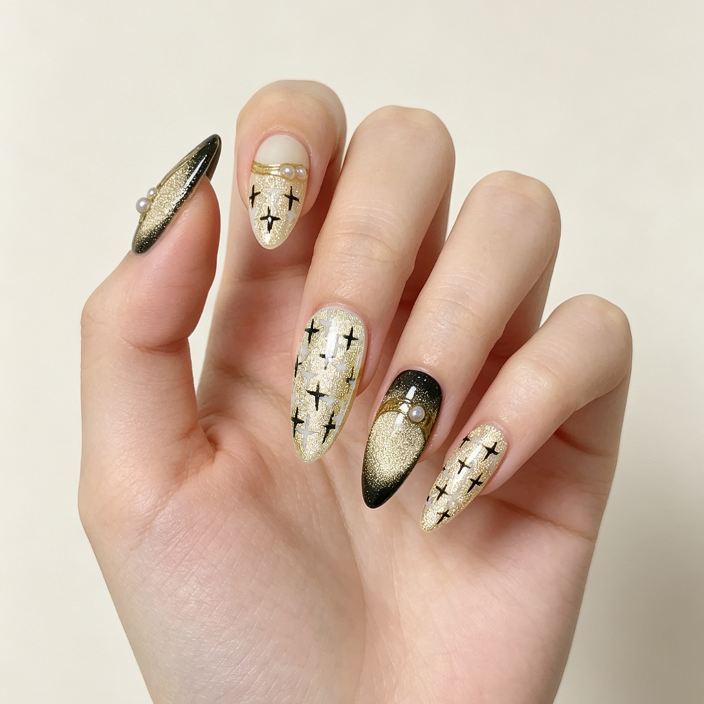 Cat Eye Almond Handmade 10pcs Press on Nails, Golden Gradient French Tip