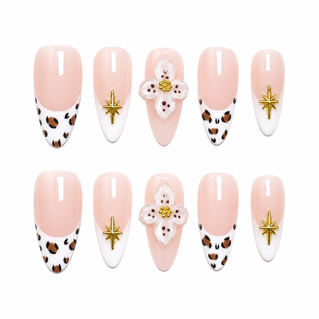 Floral Almond Handmade 10pcs Press on Nails, Lepord French Tip, Embossed Flower