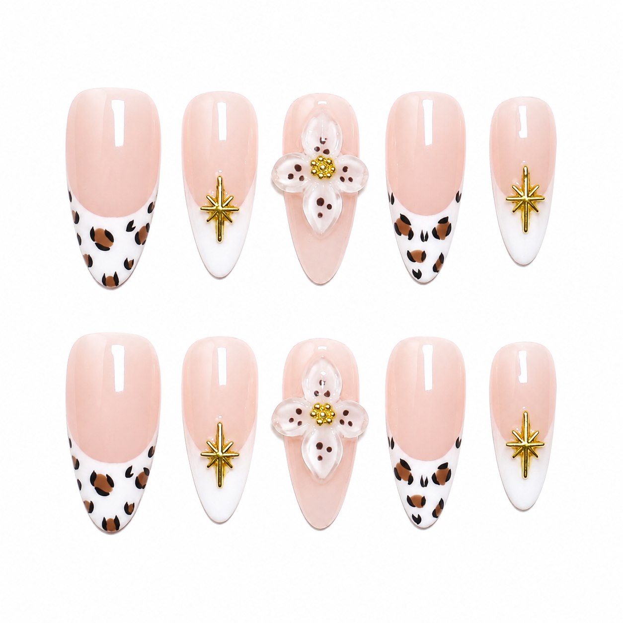 Floral Almond Handmade 10pcs Press on Nails, Lepord French Tip, Embossed Flower