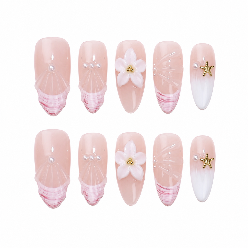 Floral Almond Handmade 10pcs Press on Nails, French Tip, Embossed Flower