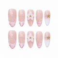 Floral Almond Handmade 10pcs Press on Nails, French Tip, Embossed Flower