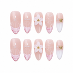 Floral Almond Handmade 10pcs Press on Nails, French Tip, Embossed Flower
