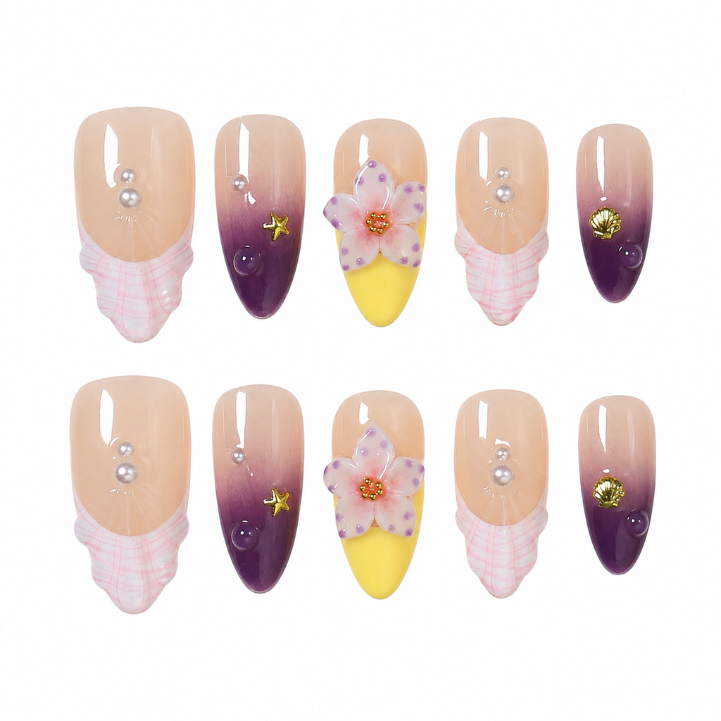Floral Almond Handmade 10pcs Press on Nails, French Tip, Embossed Flower