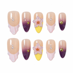 Floral Almond Handmade 10pcs Press on Nails, French Tip, Embossed Flower