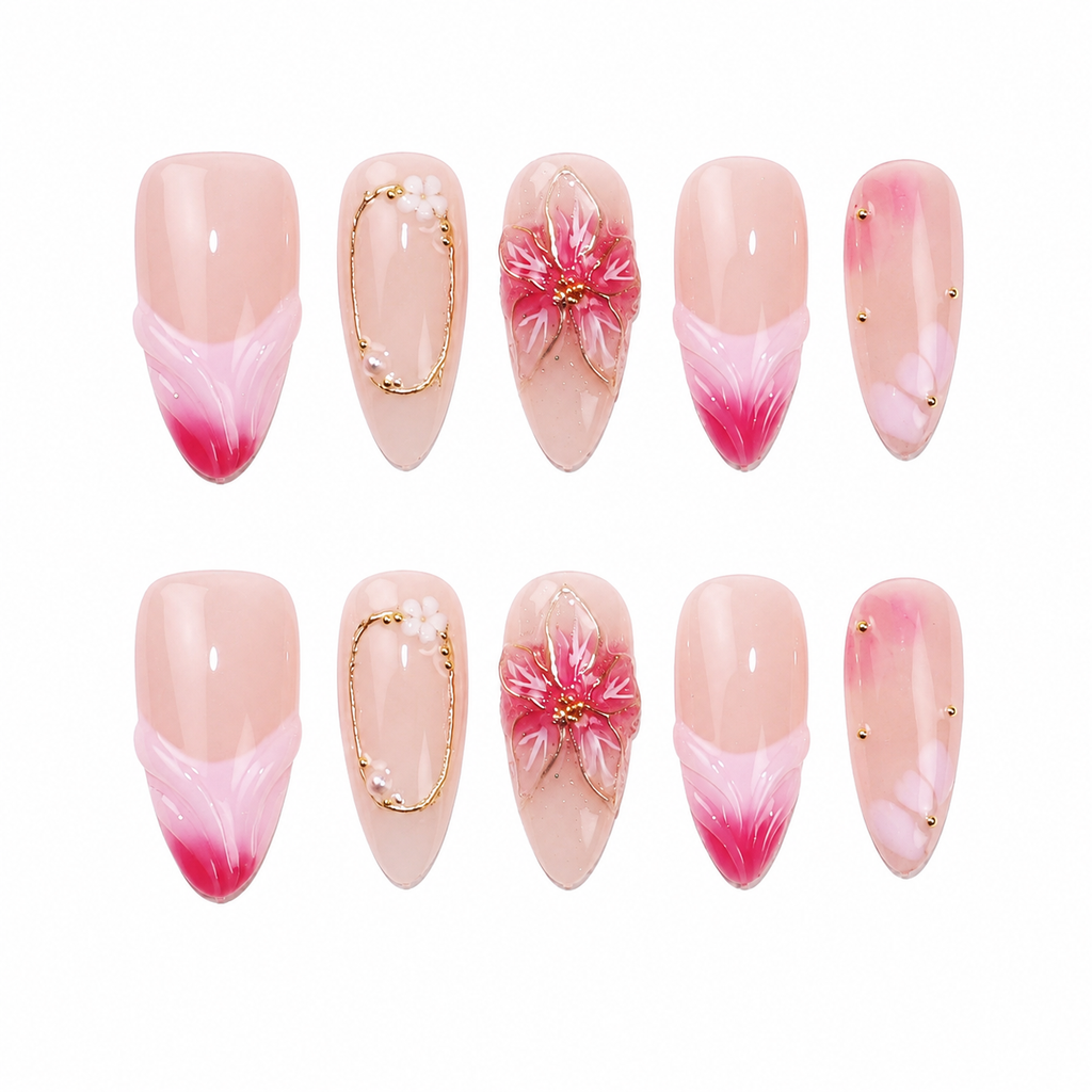 Floral Almond Handmade 10pcs Press on Nails, French Tip, Embossed Flower