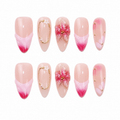 Floral Almond Handmade 10pcs Press on Nails, French Tip, Embossed Flower