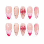 Floral Almond Handmade 10pcs Press on Nails, French Tip, Embossed Flower