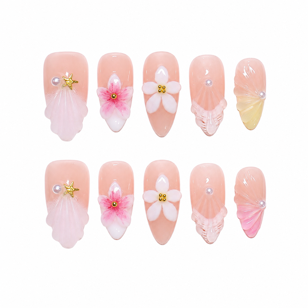 Floral Almond Handmade 10pcs Press on Nails, French Tip, Embossed Flower