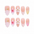 Floral Almond Handmade 10pcs Press on Nails, French Tip, Embossed Flower