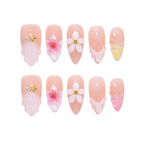 Floral Almond Handmade 10pcs Press on Nails, French Tip, Embossed Flower