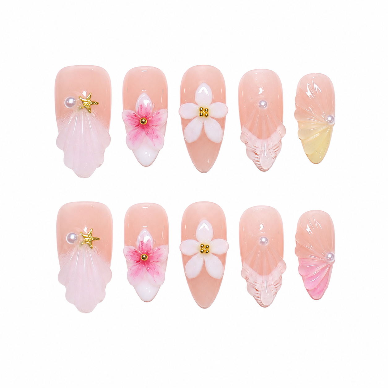 Floral Almond Handmade 10pcs Press on Nails, French Tip, Embossed Flower