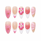 Floral Almond Handmade 10pcs Press on Nails, French Tip, Embossed Flower