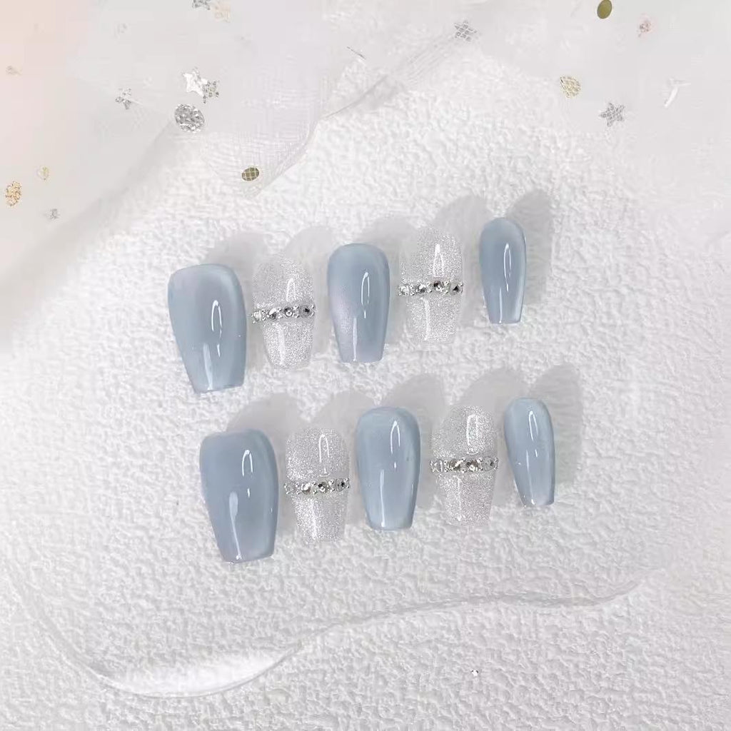 Handmade 10pcs Press on Nails，Cat-eye Translucent Blue Ice-clear Crystal Design