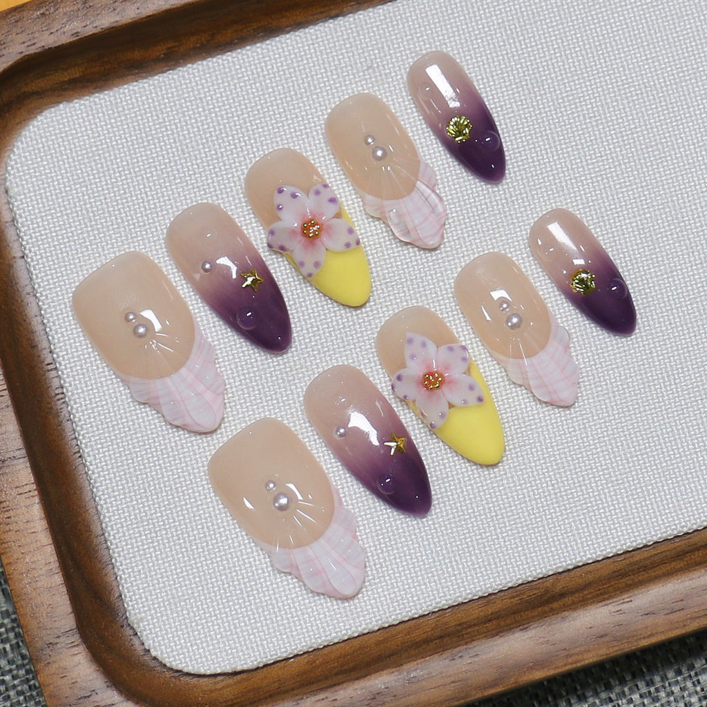 Floral Almond Handmade 10pcs Press on Nails, French Tip, Embossed Flower