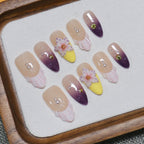 Floral Almond Handmade 10pcs Press on Nails, French Tip, Embossed Flower