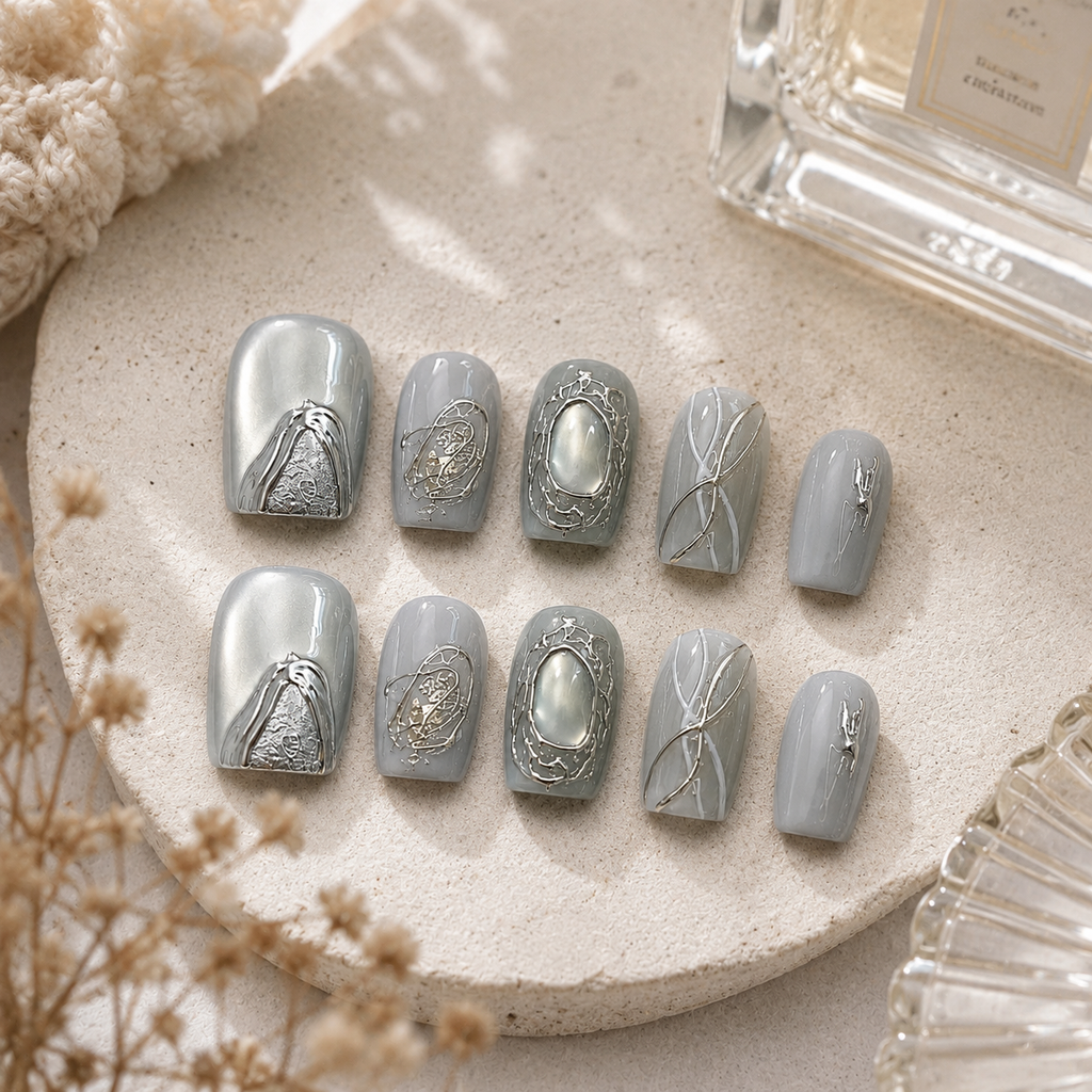 Floral Handmade 10pcs Press on Nails, Short Square Light Deluxe