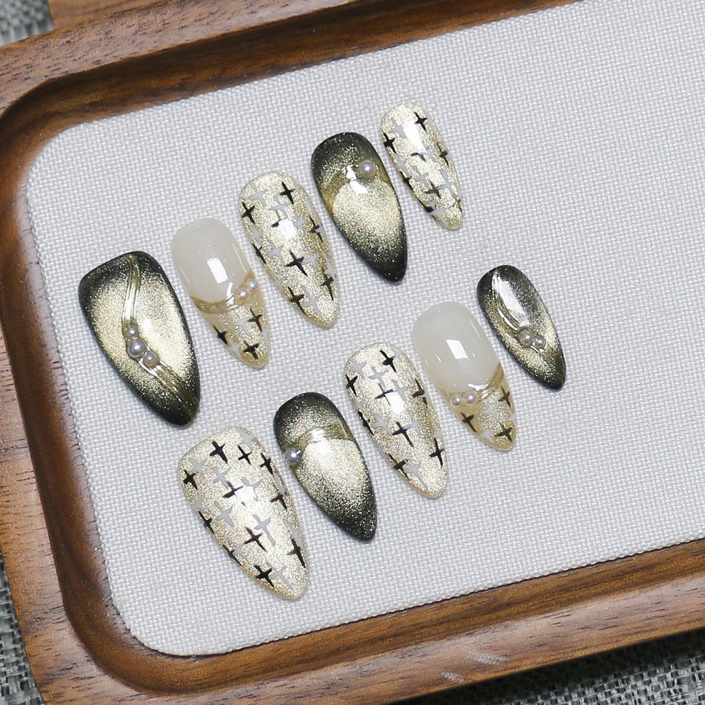 Cat Eye Almond Handmade 10pcs Press on Nails, Golden Gradient French Tip