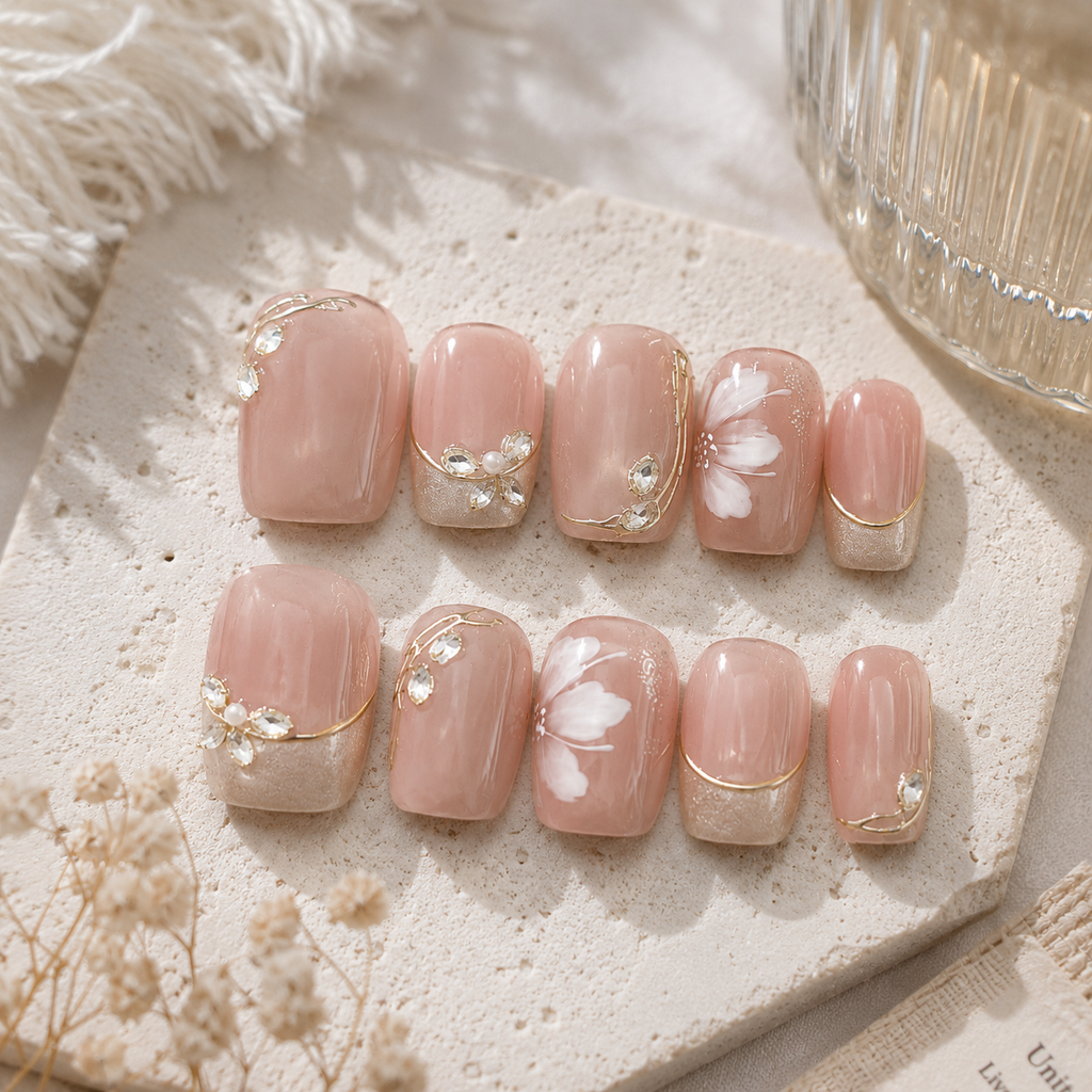 Floral Handmade 10pcs Press on Nails, Short Square Light Deluxe