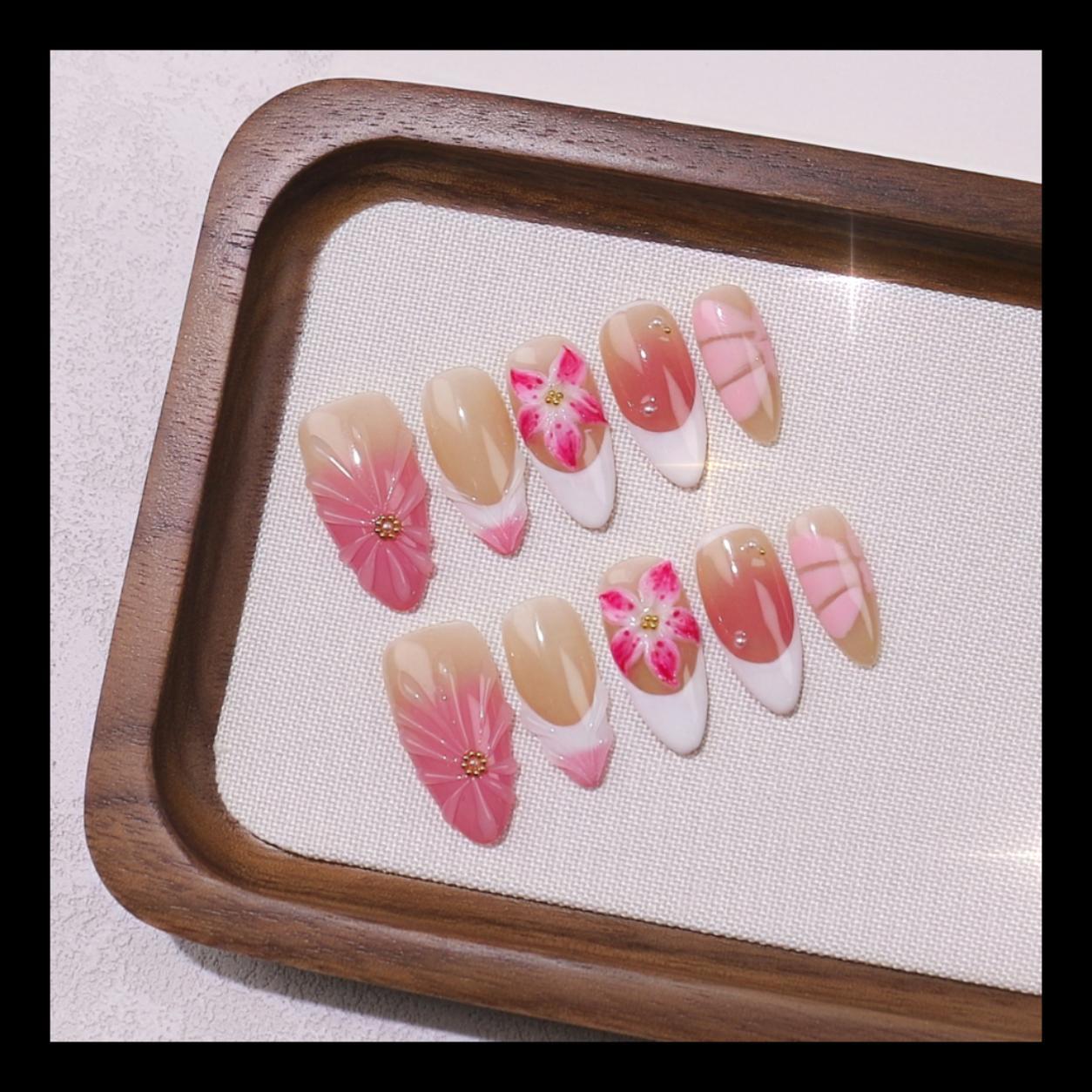 Floral Almond Handmade 10pcs Press on Nails, French Tip, Embossed Flower