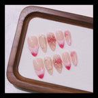 Floral Almond Handmade 10pcs Press on Nails, French Tip, Embossed Flower