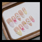 Floral Almond Handmade 10pcs Press on Nails, French Tip, Embossed Flower