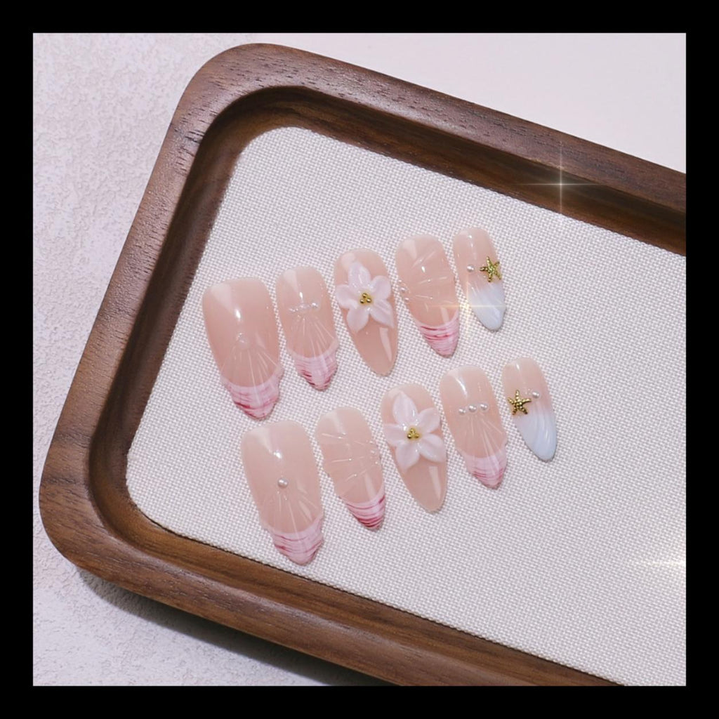 Floral Almond Handmade 10pcs Press on Nails, French Tip, Embossed Flower